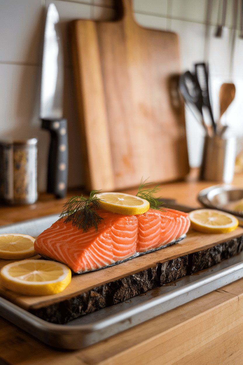 Photo of cooked salmon fillet resting on a cedar plank placed on a rimmed baking sheet indoors, garnished with lemon slices and dill. No logos or text shown.
