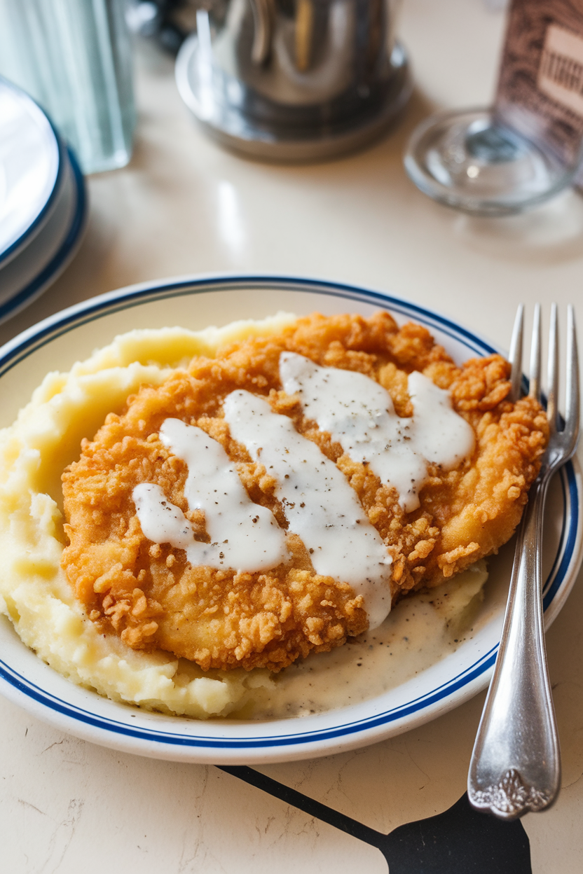 Indoor café-style table topped with a golden chicken-fried steak drizzled with white pepper gravy, served alongside mashed potatoes, no text or logos. Photo.