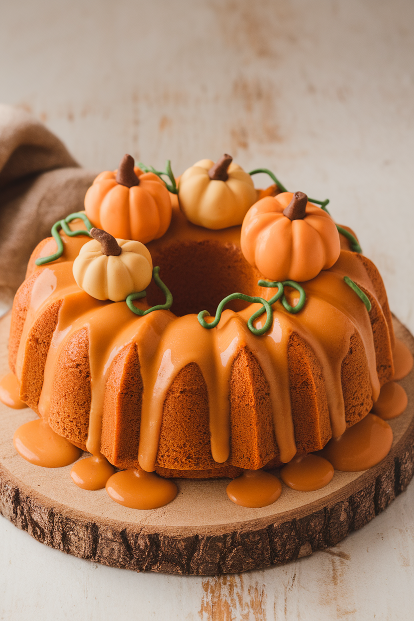 Indoor photo of an orange-glazed Bundt cake decorated with marzipan pumpkins and green vines, resting on a rustic wooden board. No text or logos present.
