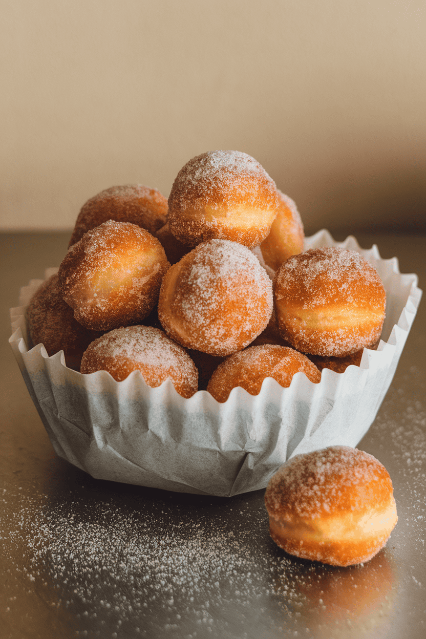 Indoor photo of sugared doughnut holes piled in a paper-lined bowl, no text or logos