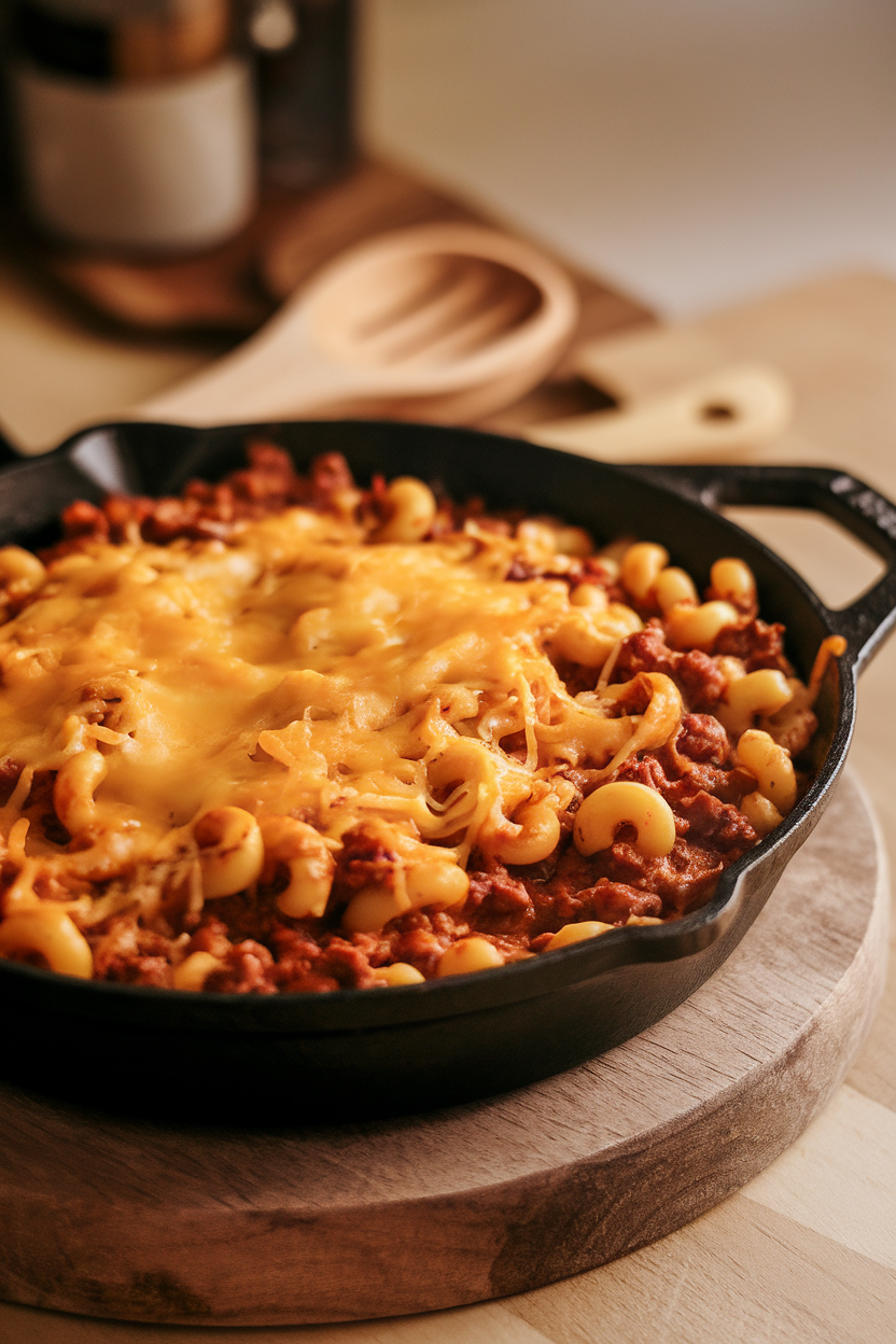Indoor photo of a cast-iron skillet containing chili mac—macaroni in meaty chili sauce topped with melted cheese. No logos or text.