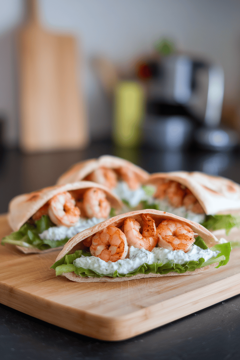 Indoor cutting board with halved pita pockets stuffed with grilled shrimp, cucumber tzatziki, and lettuce. No logos or text. Photo only.