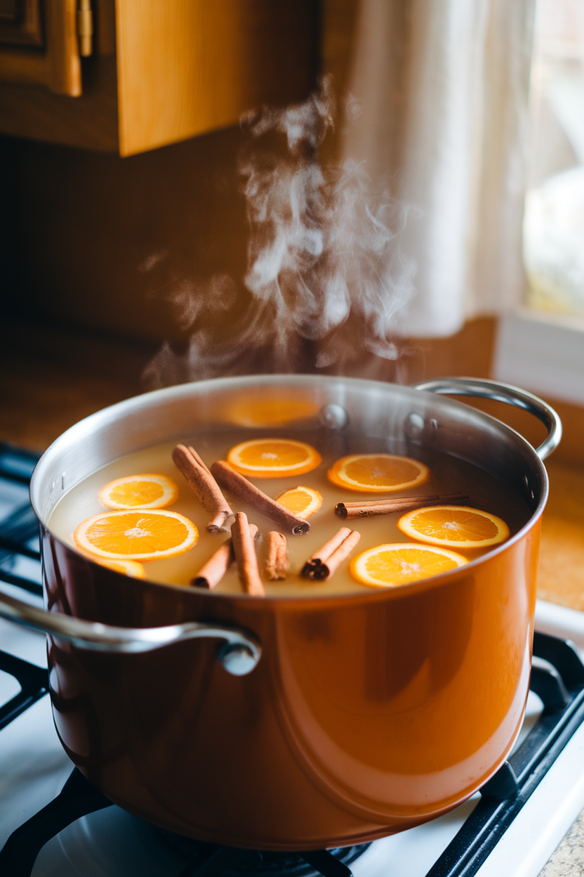 An indoor stovetop scene with a pot of steaming apple cider studded with cinnamon sticks and orange slices; no text or logos. Photo.</Prompt