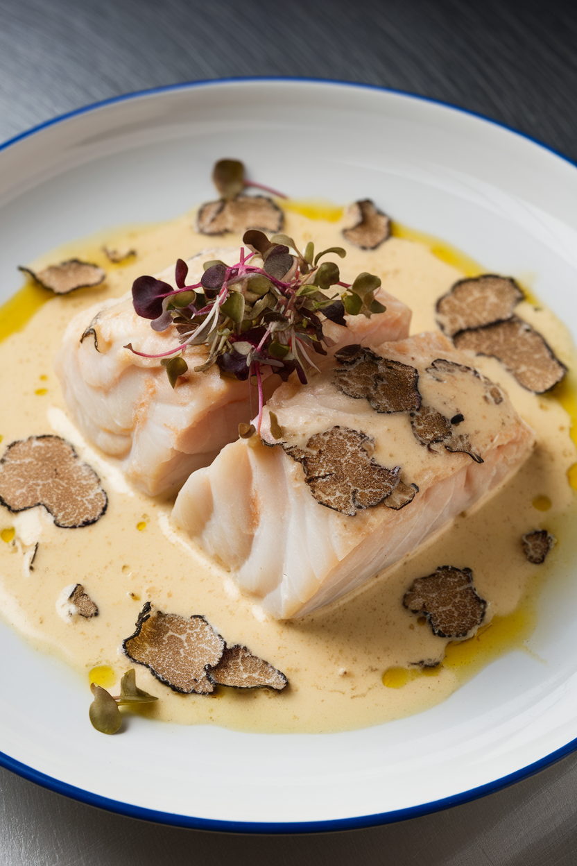 Indoor plate of cod draped in creamy Parmesan sauce with delicate drizzle of truffle oil, microgreens garnish. No text or logos.