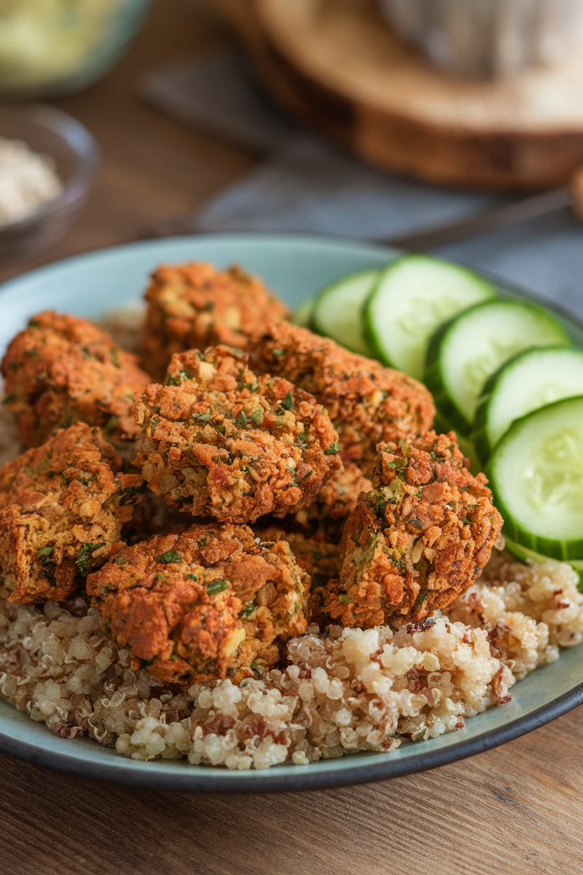 Indoor scene with crumbled baked falafel pieces over quinoa, cucumber ribbons on the side; no text or logos.