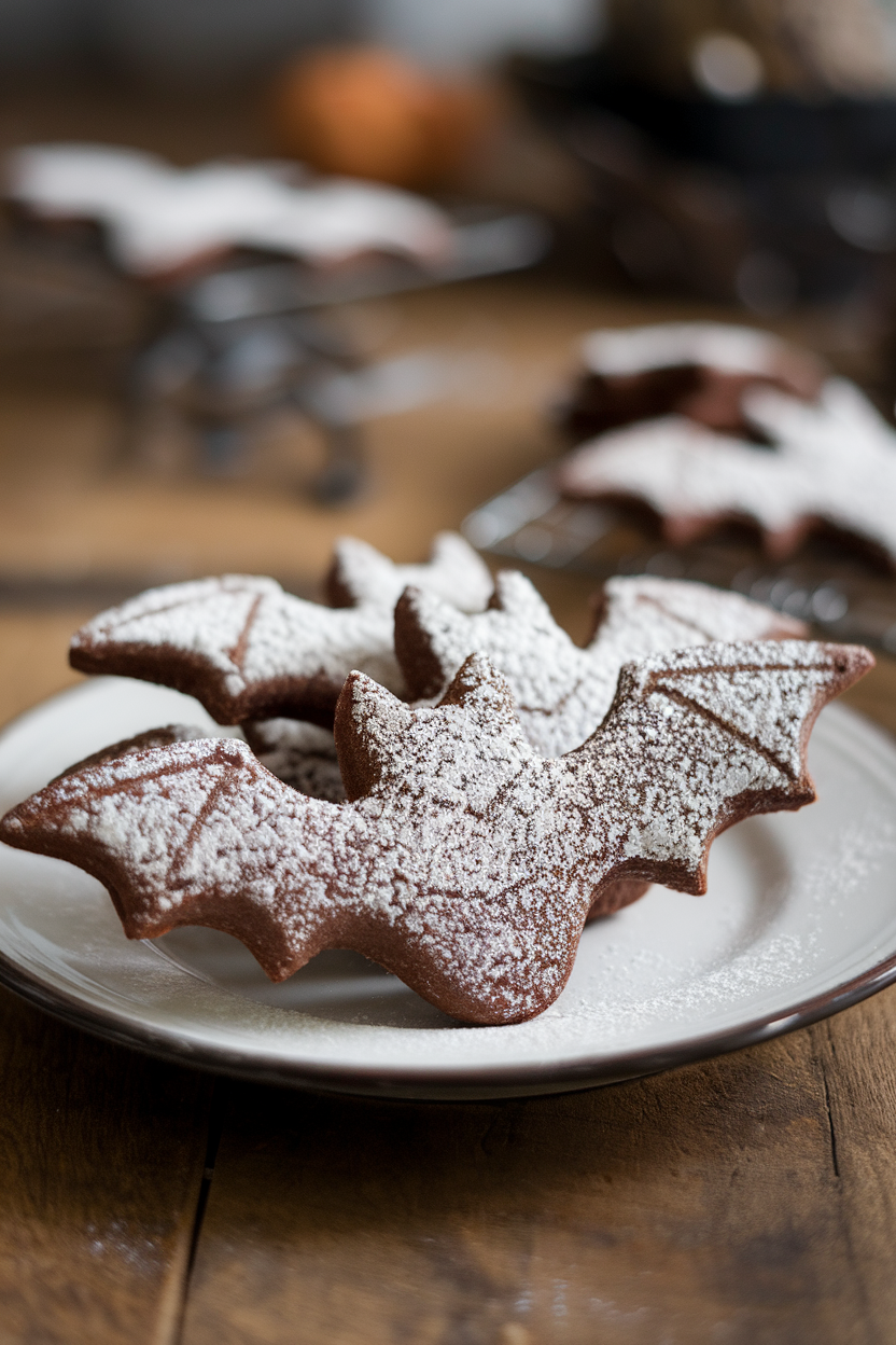 Photo of chocolate shortbread cookies cut into bat wing shapes, dusted with powdered sugar, indoor tabletop, no text or logos.