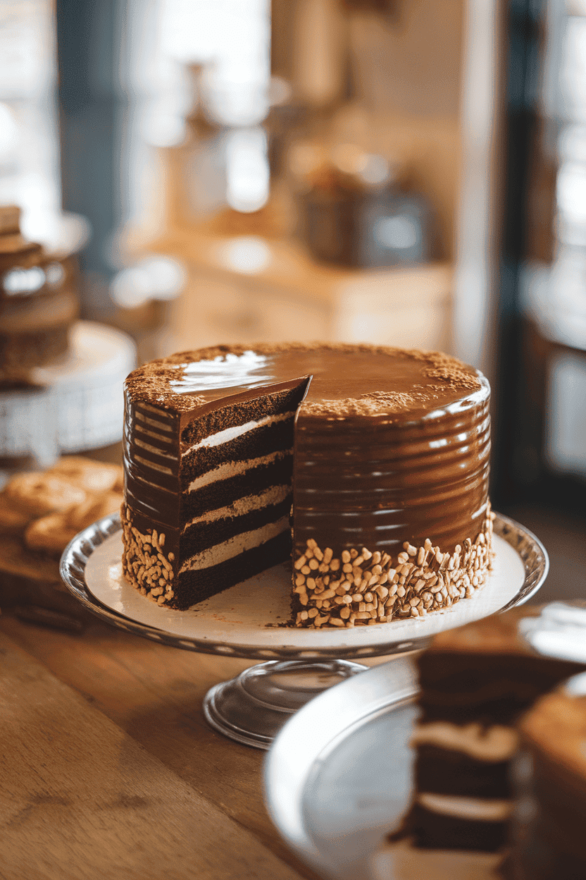 A cozy indoor bakery counter with a tall chocolate layer cake coated in glossy ganache, a single slice removed to reveal rich layers inside. Steamless environment, no text or logos. Photo, not illustration.