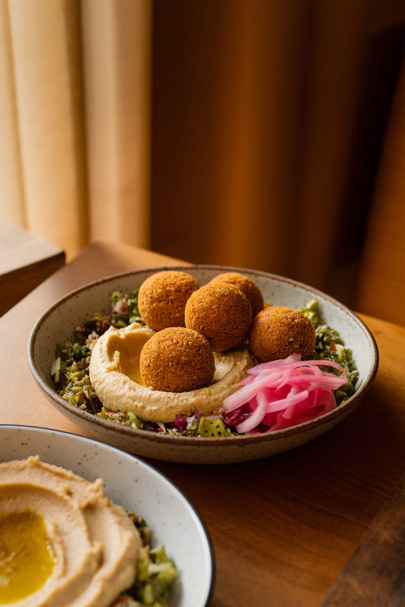 An indoor dining table scene with a shallow bowl of golden-brown falafel balls resting on tabbouleh, alongside a generous swirl of hummus and pickled turnips. Warm lighting, no text or logos.