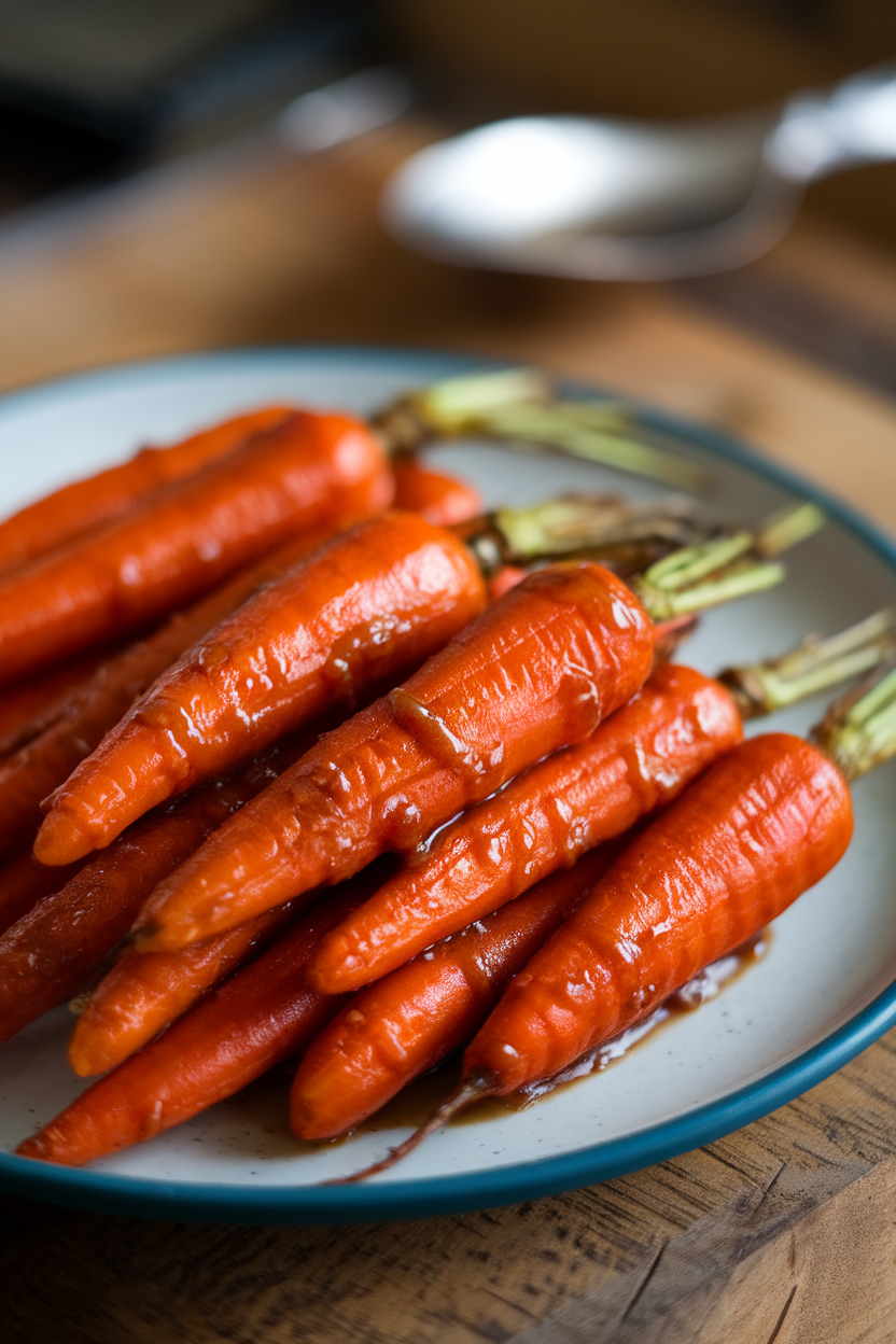 Plate of roasted baby carrots glazed with maple and Dijon, photographed indoors. No text or logos. Photo.