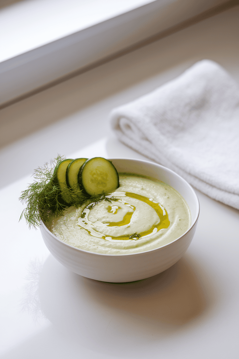 Bright indoor countertop with a chilled white bowl of creamy cucumber-dill yogurt soup, a drizzle of olive oil on top. No text or logos visible. Photo, not illustration.
