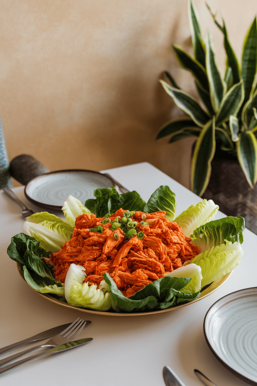 An indoor dining table with a platter of shredded buffalo chicken nestled in crisp romaine leaves, sprinkled with green onions. No text or logos.