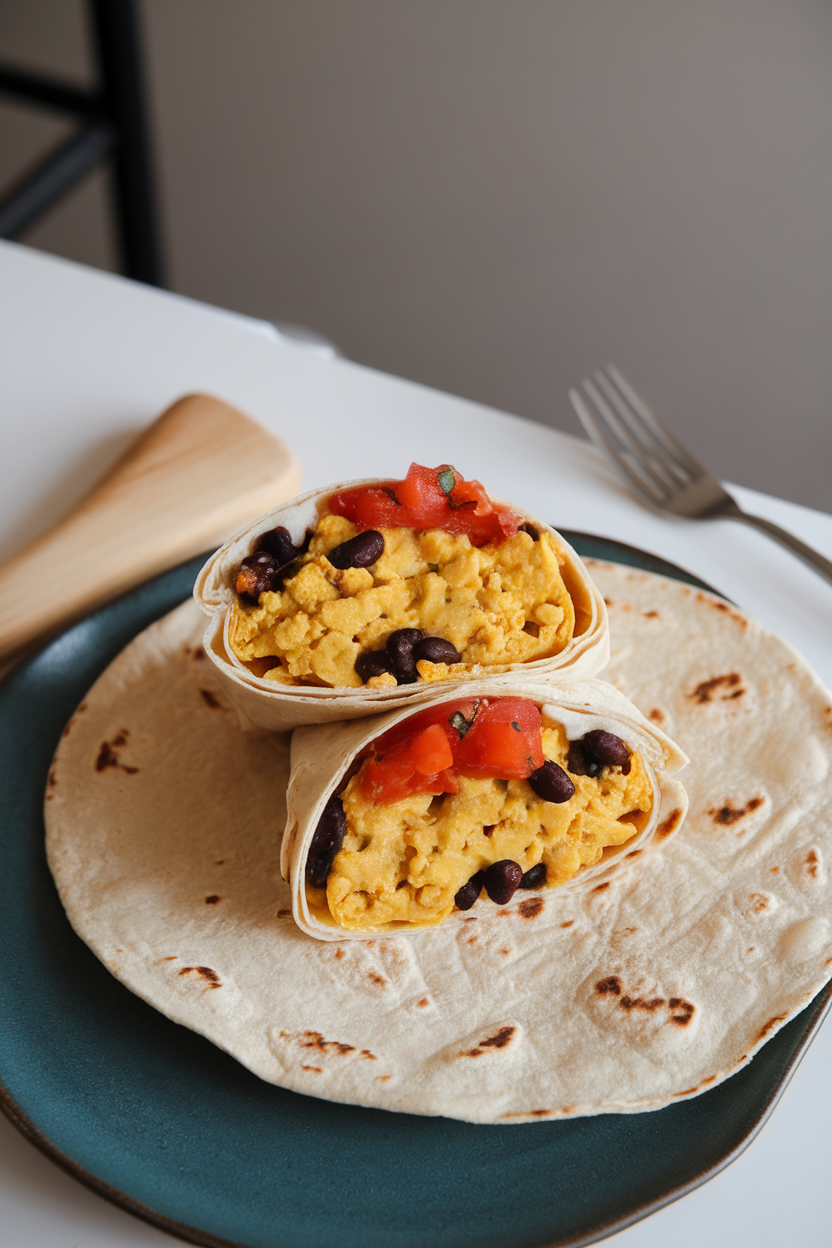 An indoor dining table holding a sliced tortilla wrap showing yellow tofu scramble, black beans, and salsa inside. Photo only, no text or logos.