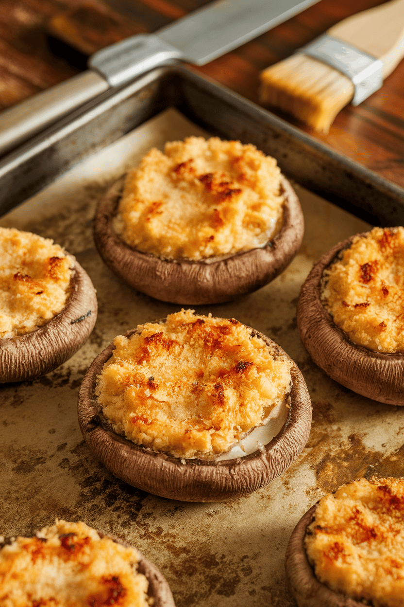 Indoor photo of portobello mushroom caps with golden Parmesan crust, resting on a baking sheet. No branding.