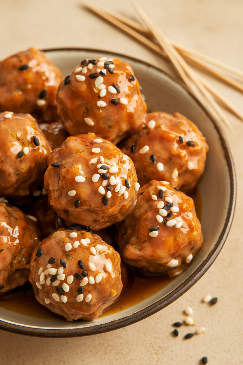 An indoor shallow bowl filled with glazed turkey-pumpkin meatballs sprinkled with white and black sesame seeds, toothpicks provided. No text or logos. Photo, not illustration.