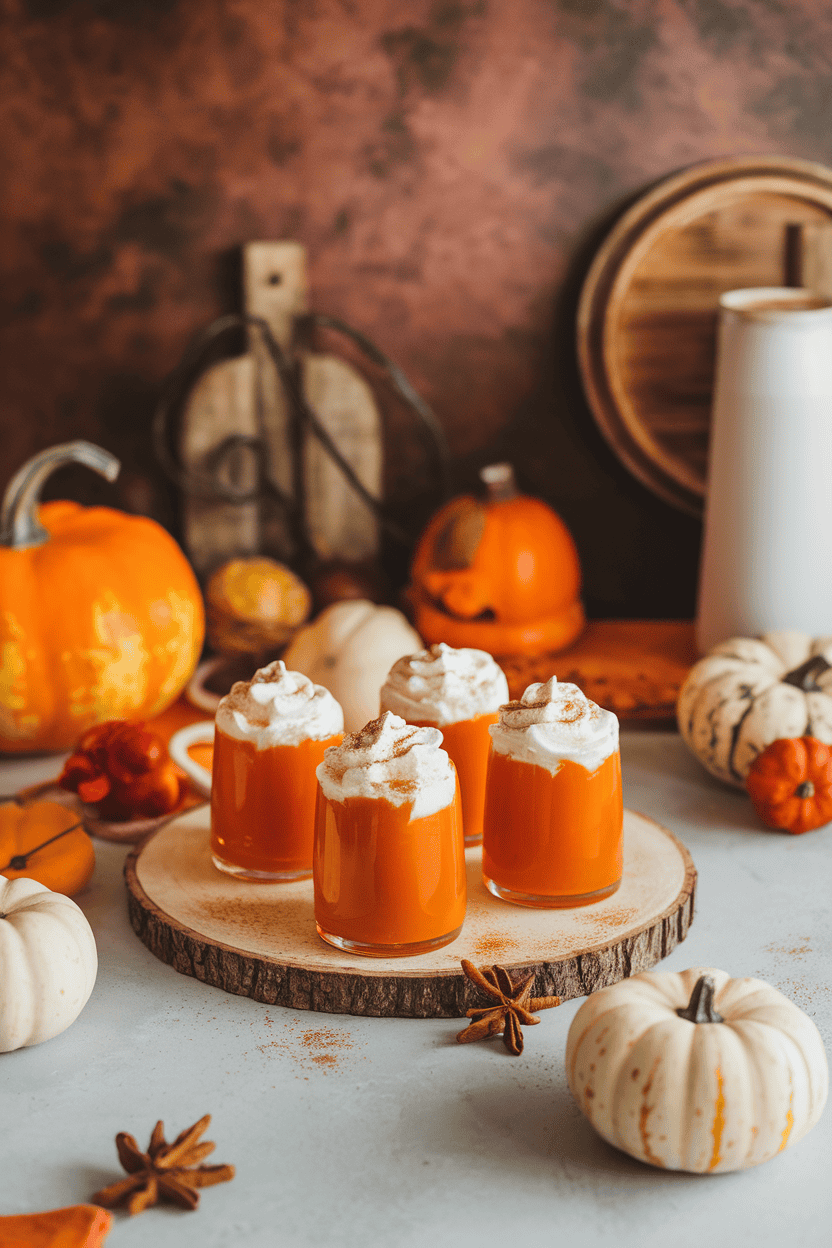 A cozy indoor kitchen counter with orange pumpkin-spice jello shots topped with whipped cream and a sprinkle of cinnamon, no visible branding