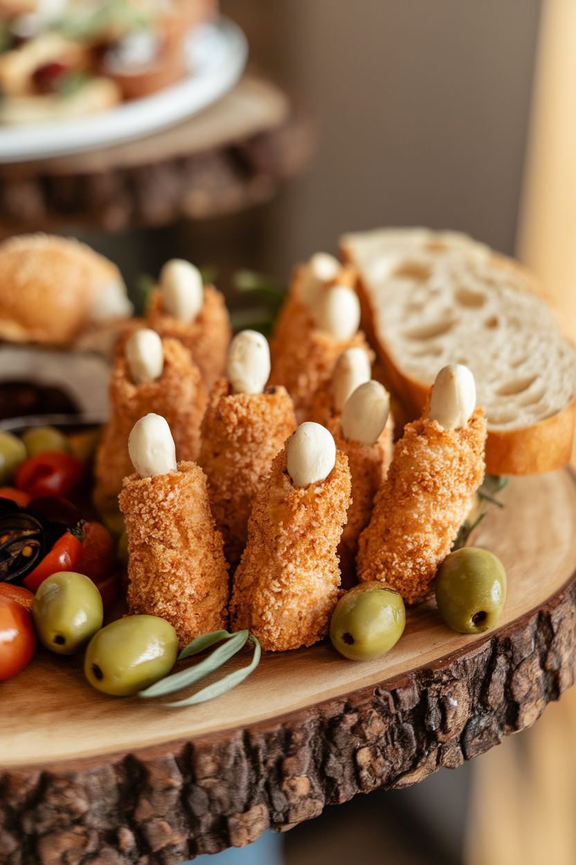 An indoor appetizer platter featuring breaded mozzarella sticks shaped like gnarled fingers, each tipped with a blanched almond “nail.” Soft warm lighting, no text or logos. Photo, not illustration.