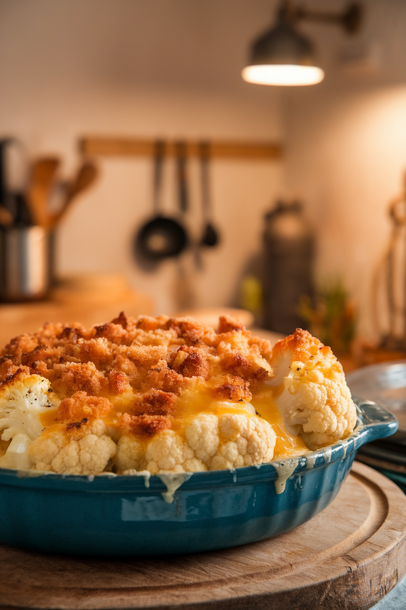 A gratin dish indoors showing cauliflower florets covered in bubbling cheese sauce, browned breadcrumbs on top; no text or logos. Photo only.