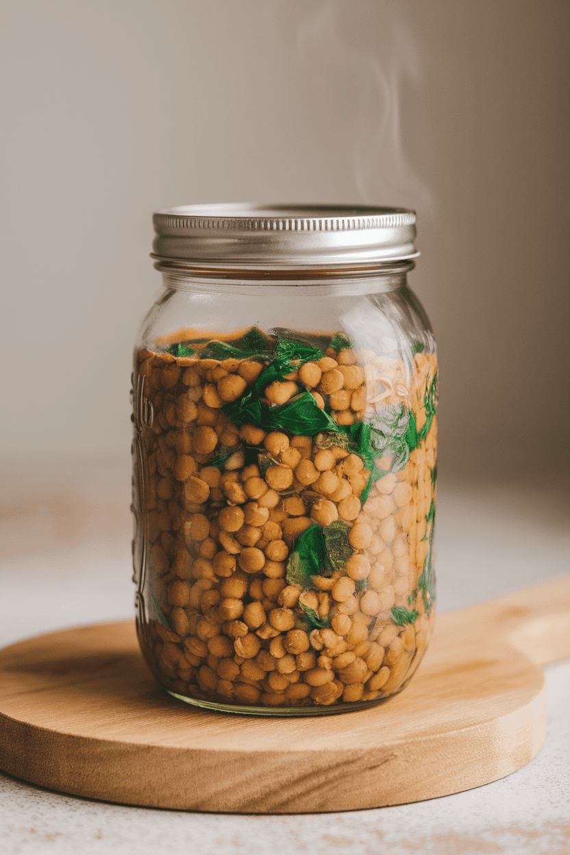Indoor photo of a wide-mouth mason jar filled with thick lentil soup flecked with bright green spinach, steam rising gently, neutral background, no text or logos.