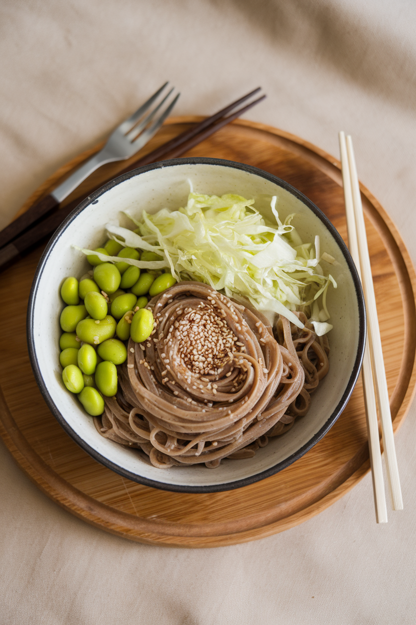 Photo of a shallow bowl indoors with cooked soba noodles, steamed edamame, shredded cabbage, and sesame seeds. No text or logos.