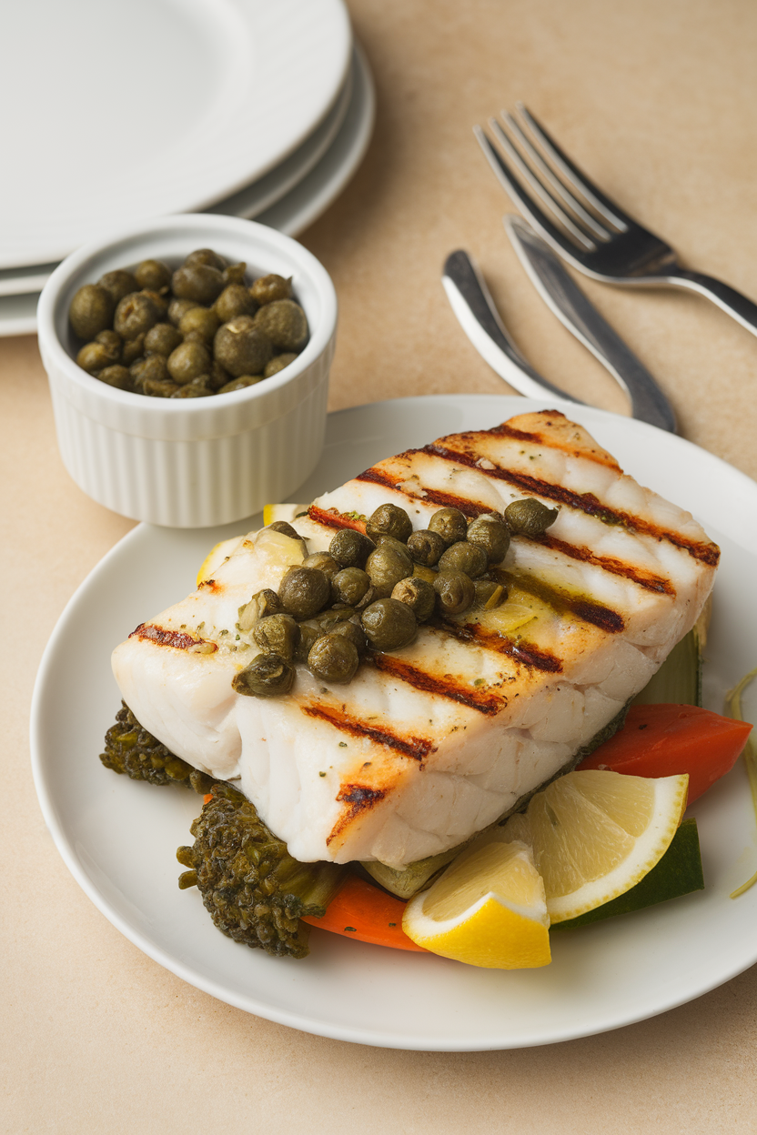 Indoor photo of a small ramekin of capers next to a plate of grilled cod with caper-lemon sauce; no text or logos