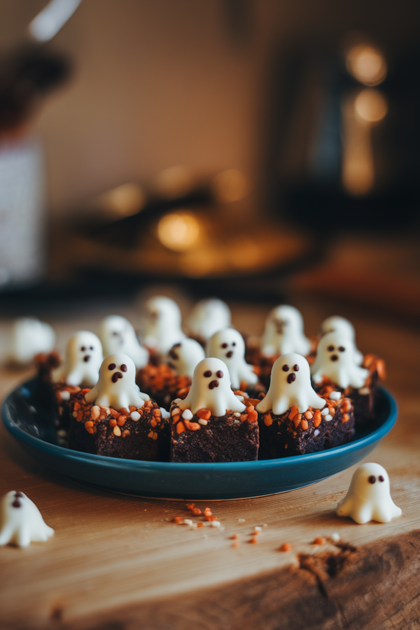 Photo of mini brownie bites topped with tiny white chocolate ghosts, indoor lighting, no text or logos.