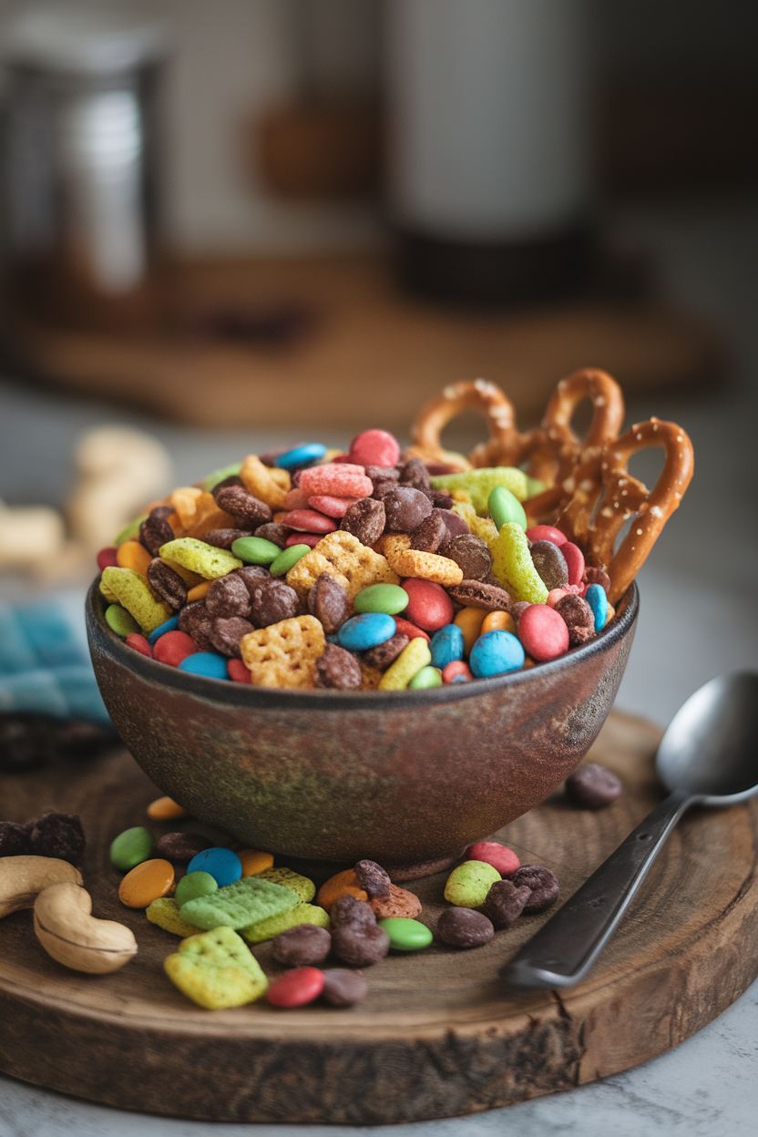 Indoor rustic bowl filled with a colorful mix of cereal, chocolate candies, dried fruit, and pretzels. Photo, no text or logos.