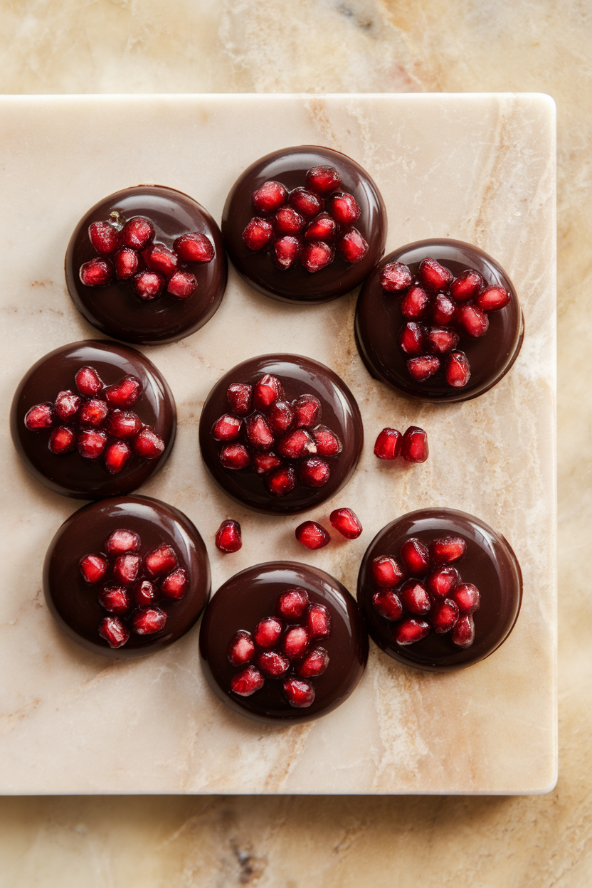 Indoor photo of glossy dark chocolate discs embedded with ruby pomegranate arils on a marble board. No logos or text.