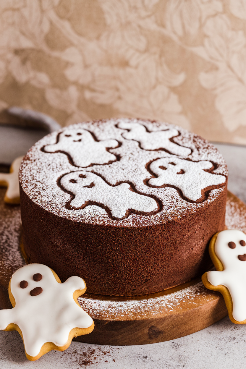 Indoor photo of a chai-spiced cake with faint white ghost silhouettes stenciled in powdered sugar on a dark cocoa surface. No text or logos.