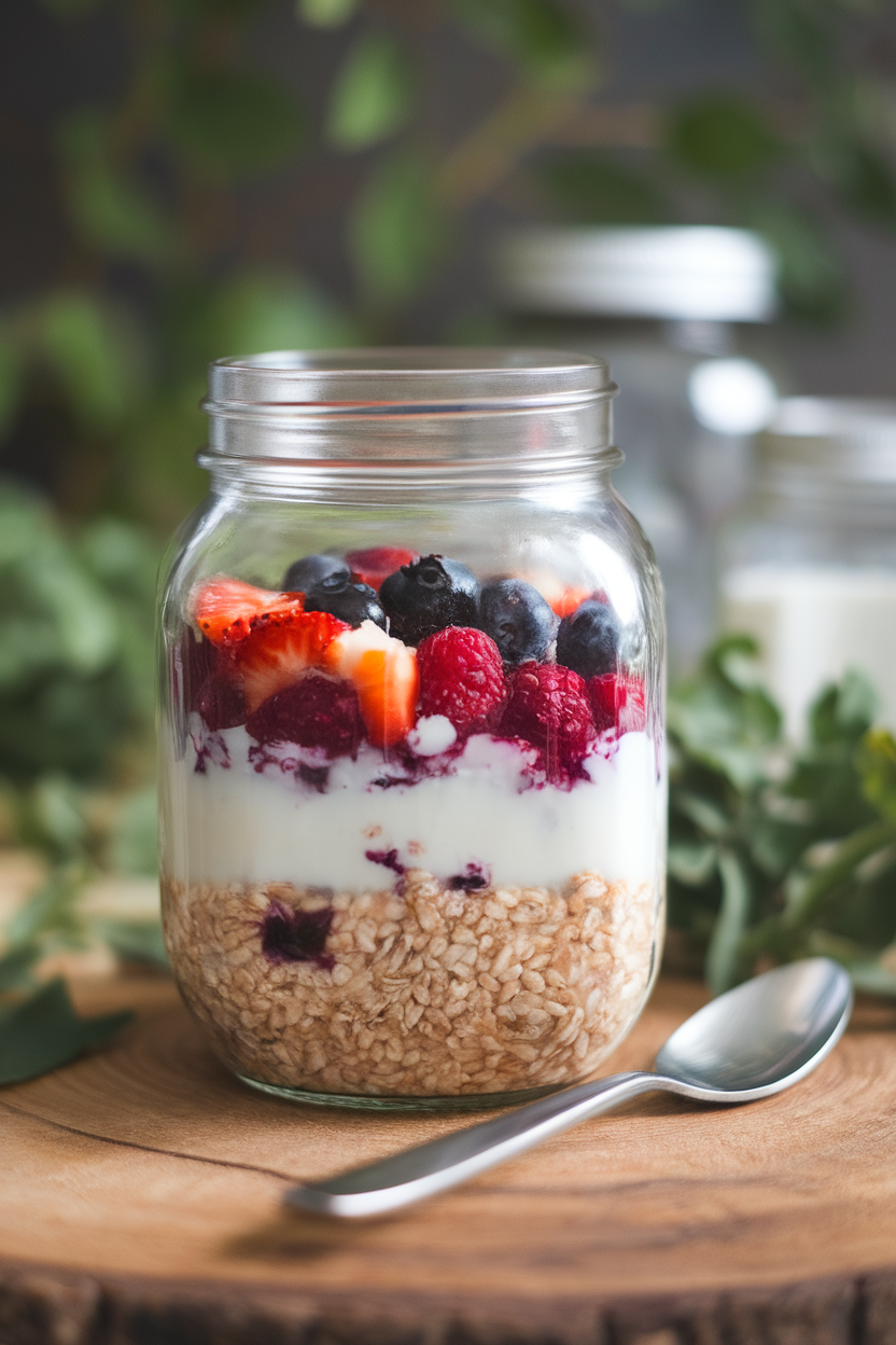 An indoor jar filled with soaked buckwheat, coconut milk, and mixed berries, spoon resting nearby. Photo only, no text or logos.