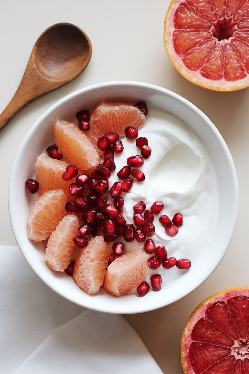 Photo of segmented grapefruit and pomegranate arils atop Greek yogurt, captured indoors on a white dish. No text or logos visible.