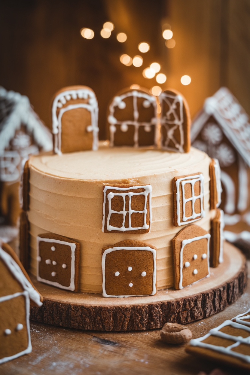 Indoor photo of a spiced gingerbread cake with tiny gingerbread windows and doors attached, softly lit. No text or logos.
