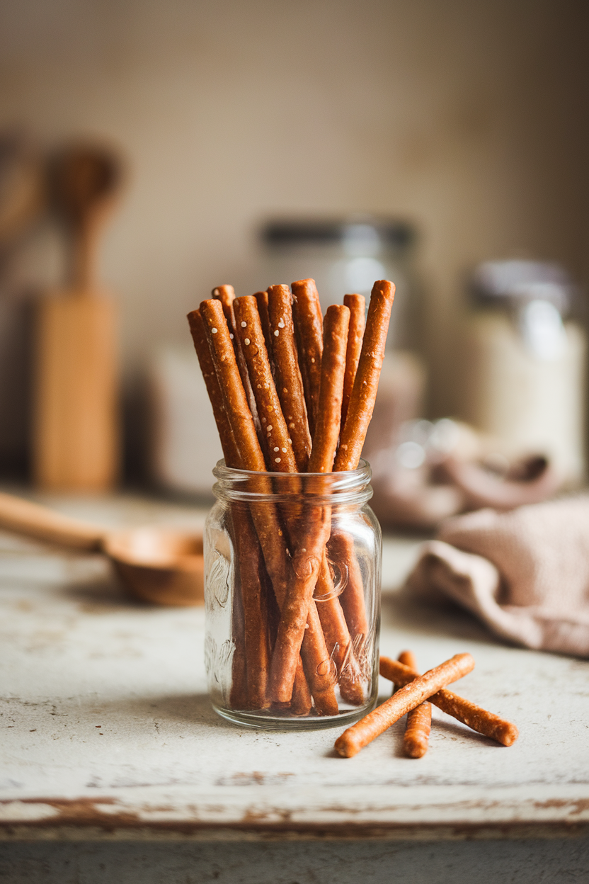 An indoor photo of brown whole-grain pretzel sticks standing in a small glass jar on a rustic kitchen table, a few loose sticks beside the jar. No text or logos present.