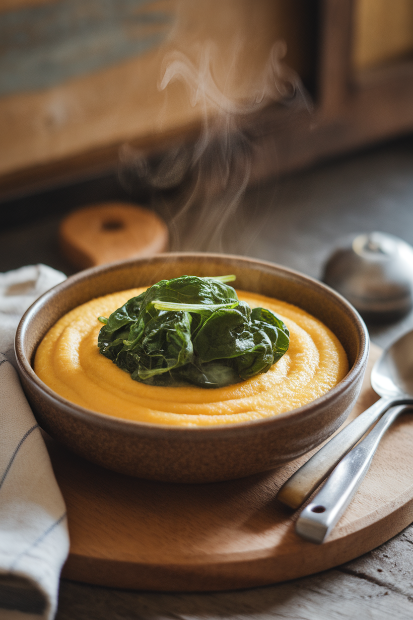 Cozy indoor bowl of smooth yellow polenta topped with a few wilted spinach leaves, steam curling upward. No text or logos; photo only.