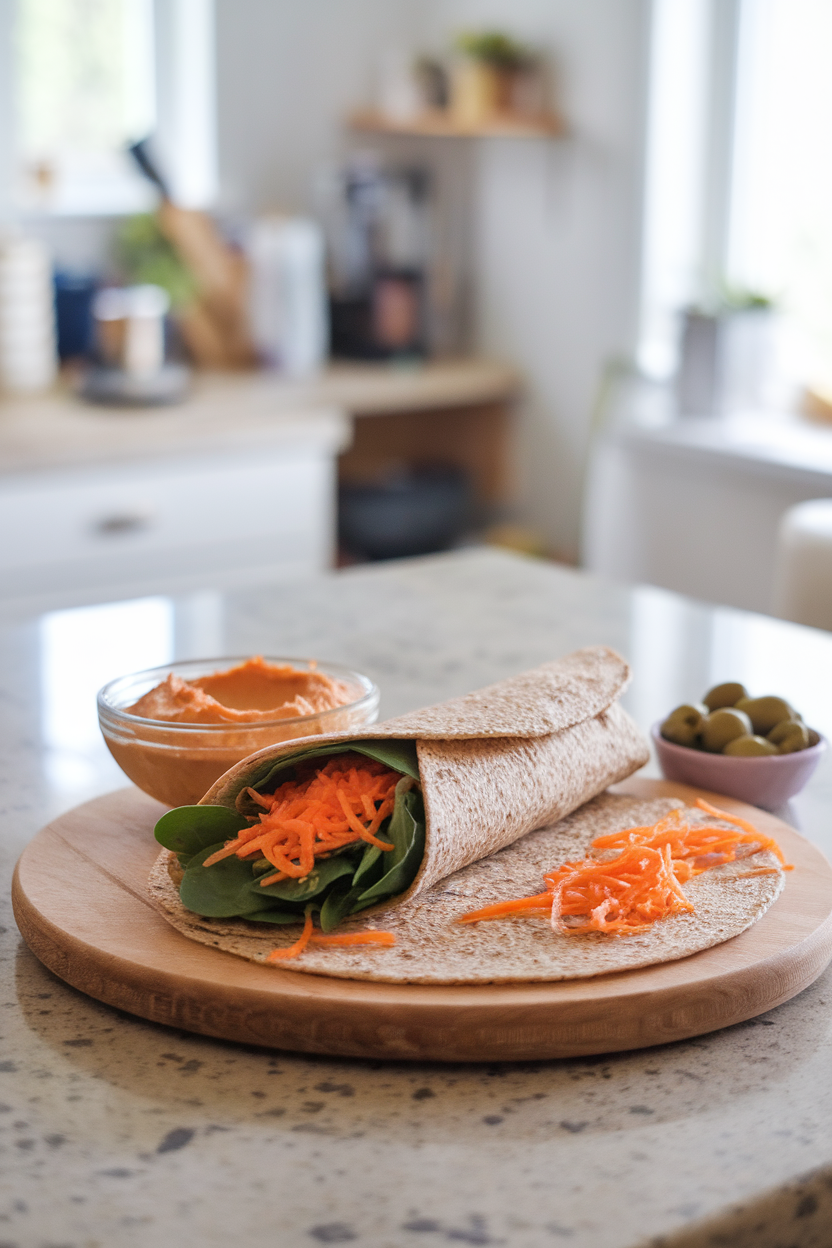 An indoor kitchen island displaying whole-grain wraps spread with roasted red pepper hummus and filled with spinach and shredded carrot. No logos or text, photo only.