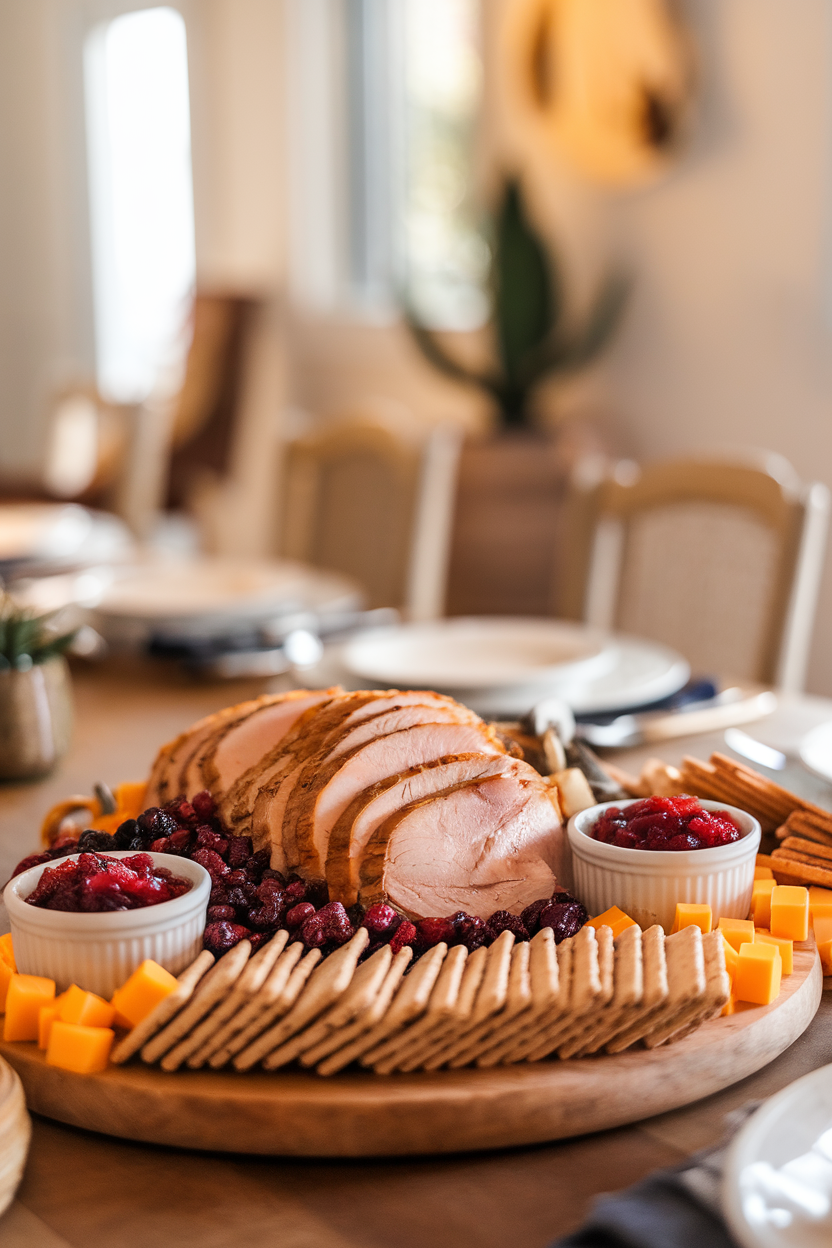 A warmly lit indoor dining table featuring a wooden board piled with sliced roasted turkey breast, dried cranberries, small ramekins of cranberry sauce, assorted crackers, and cheddar cubes. No text or logos visible in the scene. Photo only.