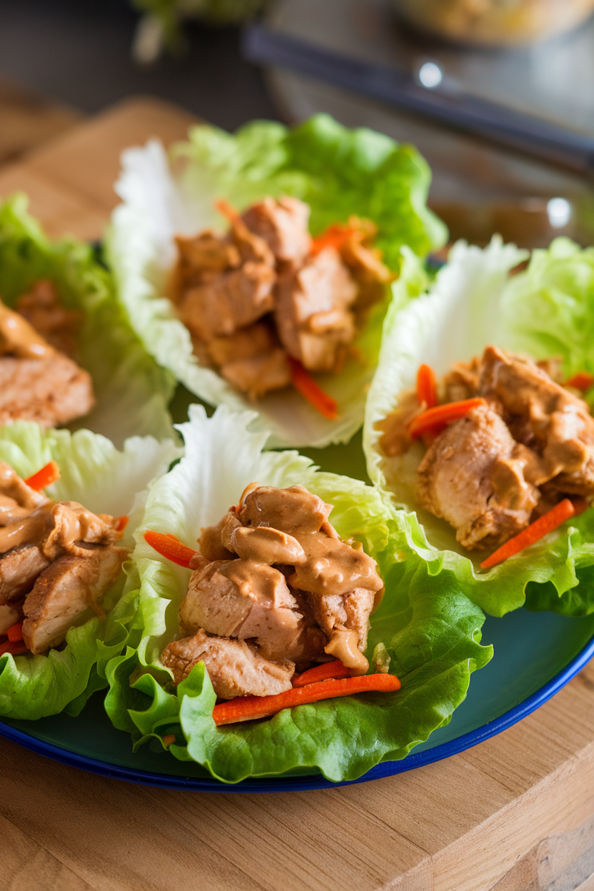 Indoor plate of crisp lettuce leaves filled with peanut sauce-coated chicken breast pieces, shredded carrots on top. No text or logos. Photo.