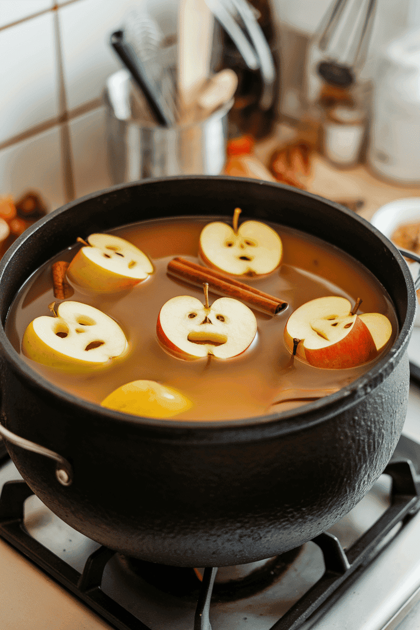 Indoor stovetop cauldron filled with hot apple cider, peeled apple halves carved into faces bobbing on the surface, cinnamon sticks floating. Photo only; no logos.