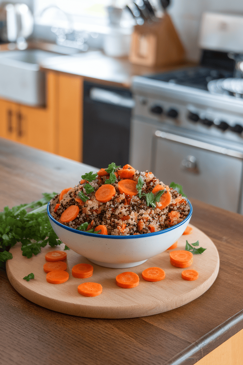 An indoor kitchen island displaying a bowl of tri-color quinoa mixed with roasted carrot coins and parsley—no text or logos visible. Photo only.