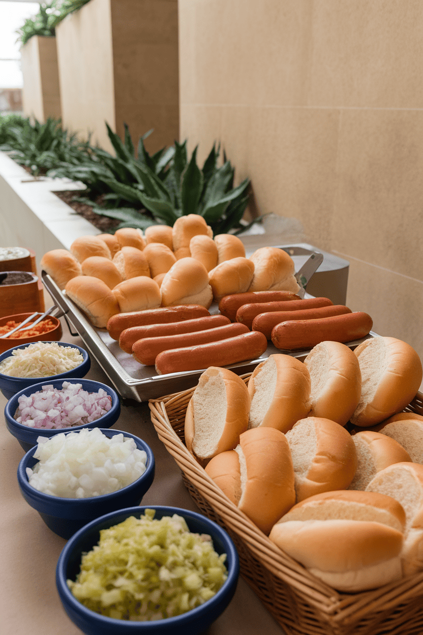 Photo of an indoor buffet spread showing hot dog buns, freshly grilled hot dogs, and small bowls of diced onions, relish, sauerkraut, and mustard. No text or logos included.