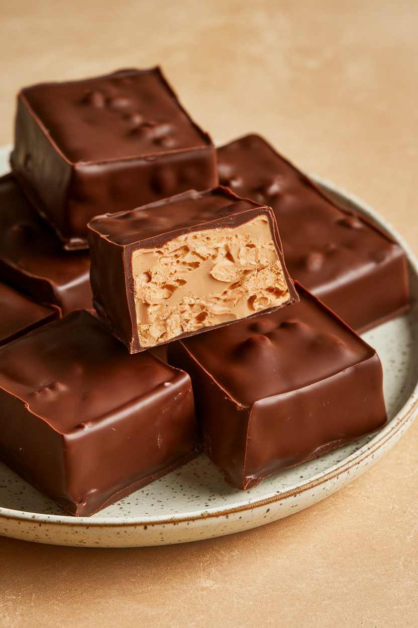 Photo of indoor ceramic plate showing fluffy chocolate-covered nougat squares, one sliced to reveal airy interior, no logos