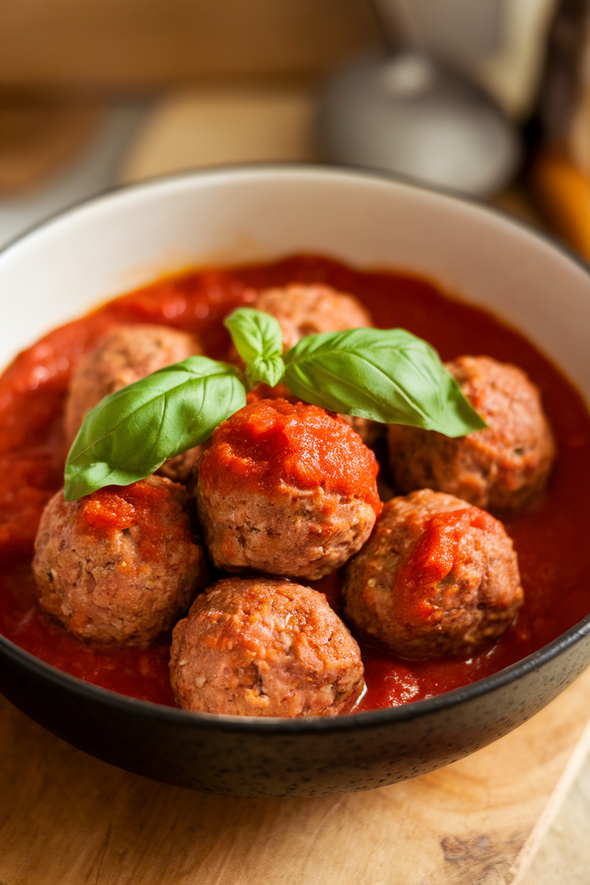 Bowl of turkey meatballs simmered in tomato sauce, garnished with basil, indoor lighting. No text or logos. Photo.