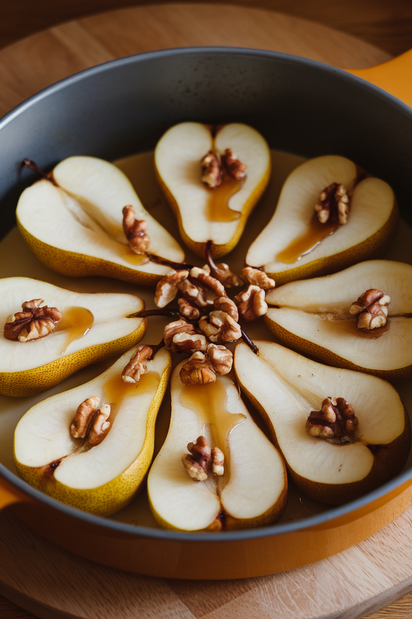 A warmly lit indoor baking dish containing halved pears roasted until golden, honey pooled in the cavities, and chopped walnuts sprinkled over the top. No text or logos.