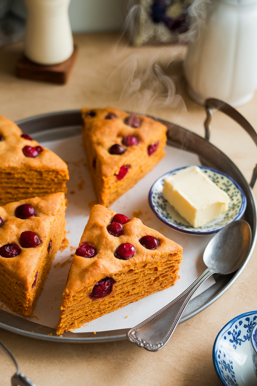 An indoor tea tray with triangular pumpkin scones studded with bright cranberries, flaky layers visible, steam rising. No text or logos.