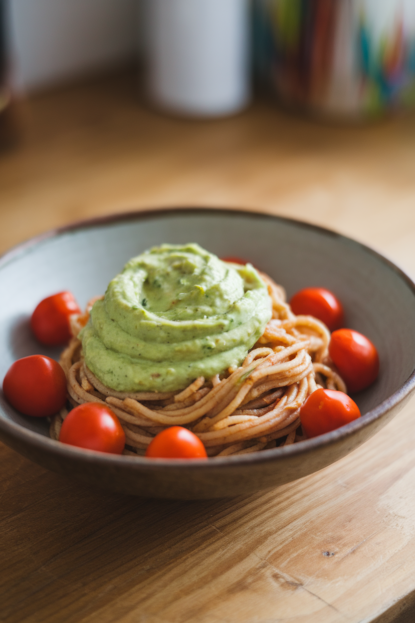 A bowl on an indoor table with whole-grain spaghetti tossed in silky green avocado sauce, cherry tomatoes dotted around. No text or logos, photo.