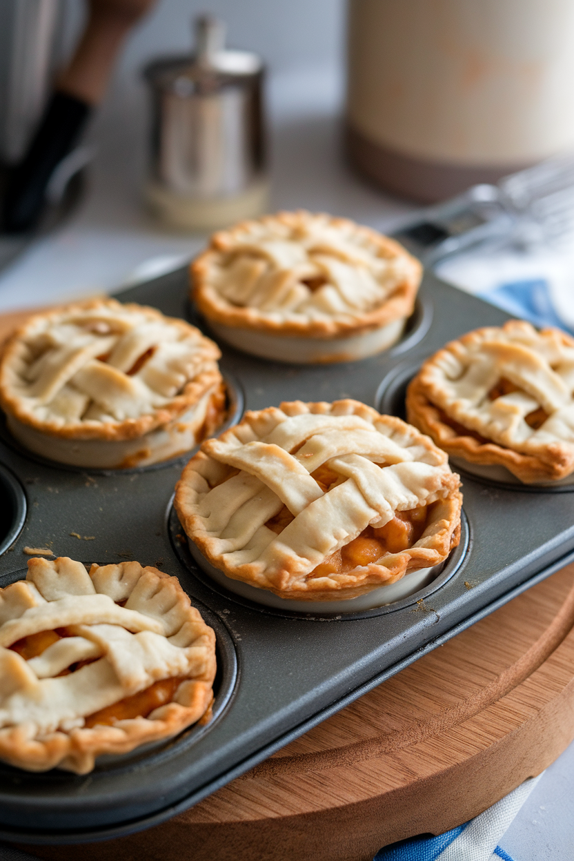 A muffin tin indoors showing individual chicken pot pies with flaky lattice tops, filling bubbling at the edges. No text or logos. Photo only.