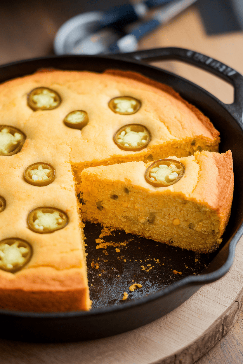 An indoor cast-iron skillet of golden cornbread studded with visible jalapeño slices, a slice cut out to reveal soft interior. No text or logos; photo only.