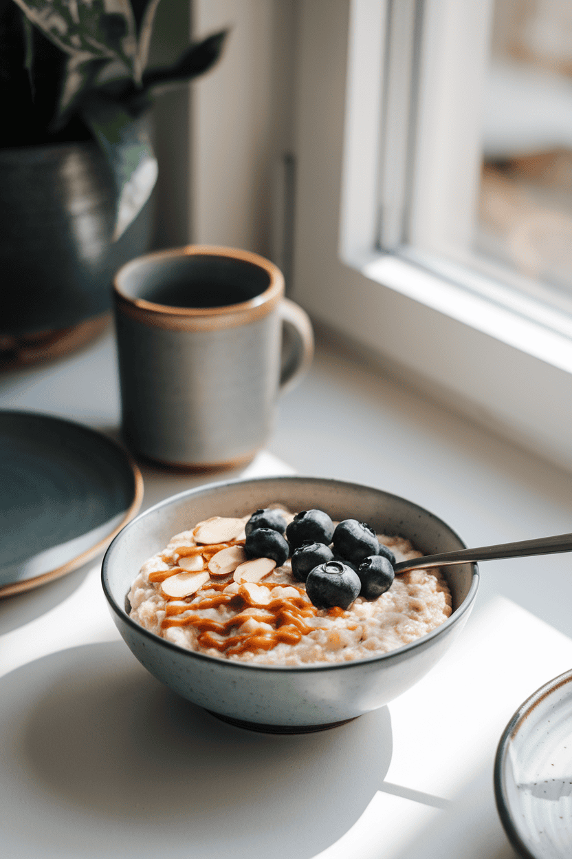 Photo of an indoor breakfast nook featuring a bowl of creamy oatmeal topped with sliced almonds, fresh blueberries, and a drizzle of almond butter; natural morning light streams in, no text or logos.