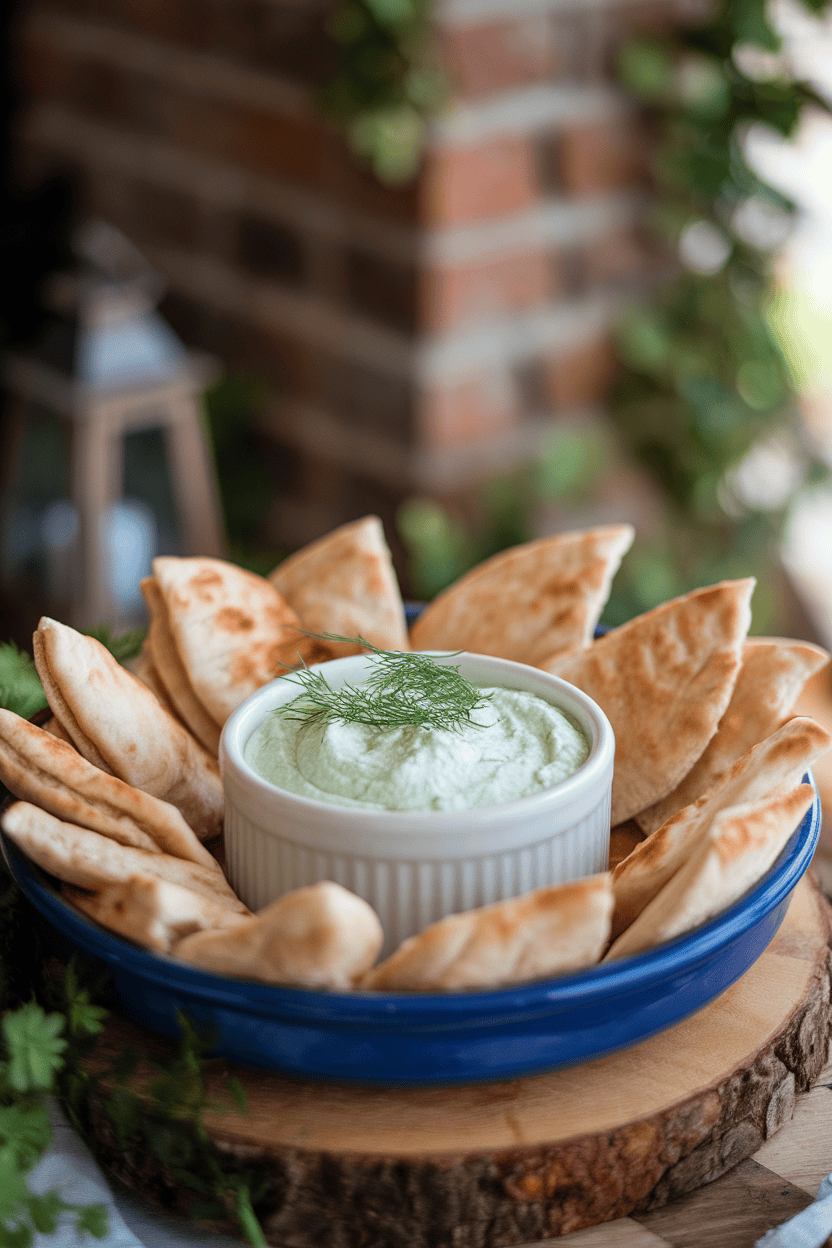 Softly lit indoor snack plate holding a ramekin of pale green cucumber-dill yogurt dip beside warm pita wedges. Photo only, logo-free pottery.