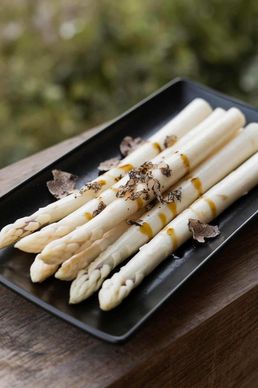 Indoor photo of blanched white asparagus laid on a black rectangular plate, tips lightly charred, drizzled with truffle oil. No text or logos.