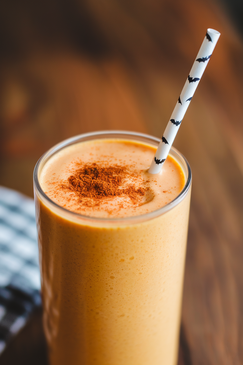 Indoor photo of an orange pumpkin spice smoothie in a clear tumbler, topped with cinnamon sprinkle and a paper straw patterned with tiny bats. No text or logos.